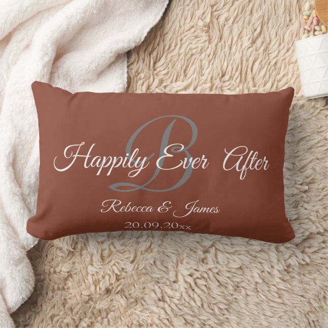  Elegant Terracotta Monogrammed Happily Ever After Lumbar Cushion (Blanket)