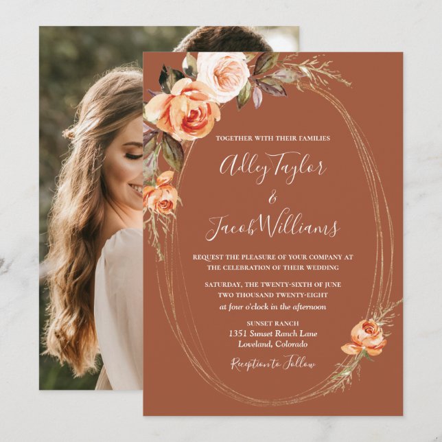 Elegant Terracotta Photo Boho Floral Wedding Invitation (Front/Back)