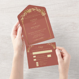 Elegant Terracotta Rust Gold Foliage Wedding Arch All In One Invitation