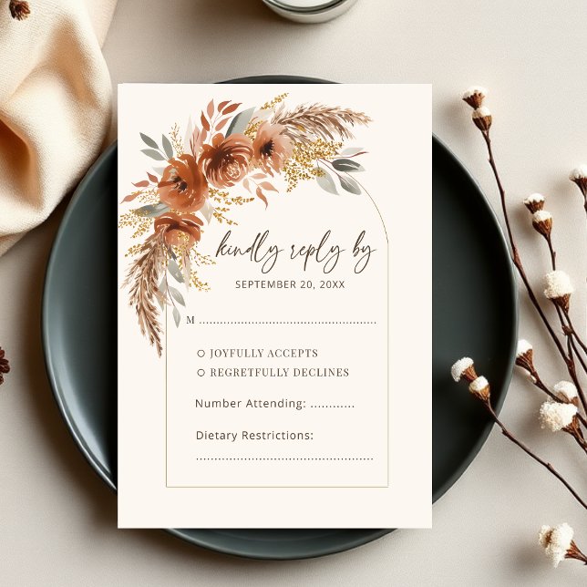 Elegant Terracotta Rustic Fall Floral Wedding  RSVP Card (Elegant Rust Terracotta Fall Floral Wedding RSVP Card)