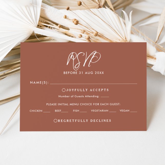 Elegant Terracotta Script Fall Wedding RSVP Card  (Elegant burnt orange with white calligraphy and modern text wedding RSVP card )