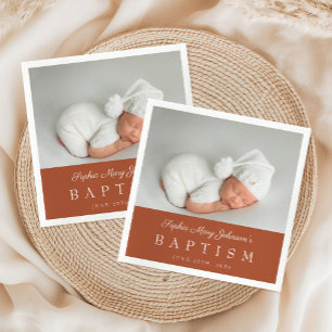 Elegant Terracotta Script Photo Baptism Napkin