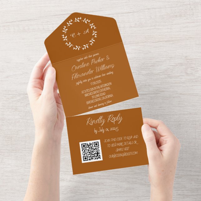 Elegant Terracotta Script RSVP Whimsical QR Code All In One Invitation (Tearaway)