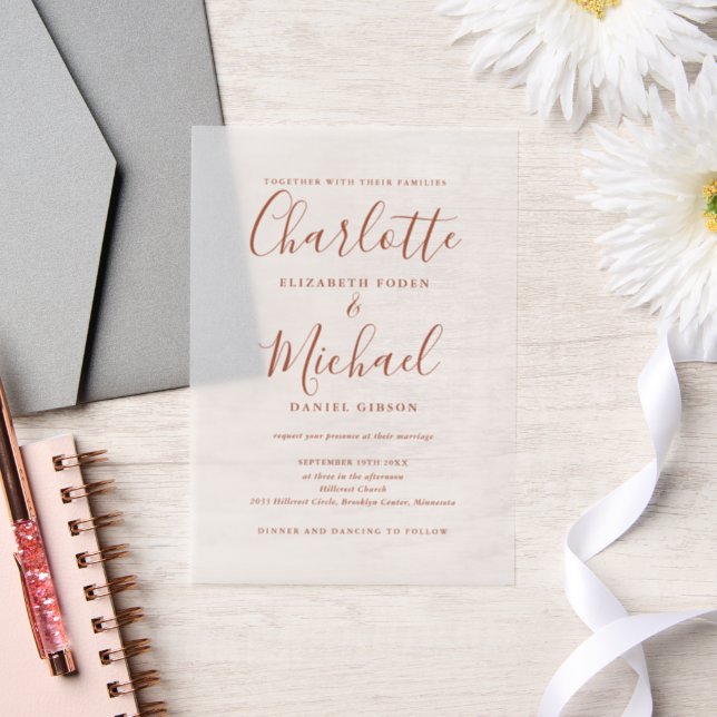 Elegant Terracotta Signature Script Wedding Vellum Invitations (Wedding)