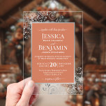Elegant Terracotta & Silver Stylish Text Wedding Acrylic Invitations<br><div class="desc">Invite your loved ones to share in your joy on your wedding day with these gorgeous acrylic invitations. The stylish terracotta & silver design features your names prominently displayed in block letters while the introduction and other notes feature fancy script calligraphy with swashes on the ends of the letters. The...</div>
