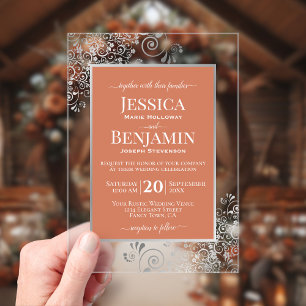 Elegant Terracotta & Silver Stylish Text Wedding Acrylic Invitations