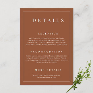 Elegant Terracotta Simple Formal Wedding Details  Enclosure Card