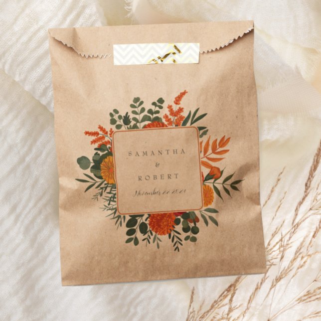 Elegant Terracotta Teal Fall Floral Border Wedding Favour Bags (Creator Uploaded)