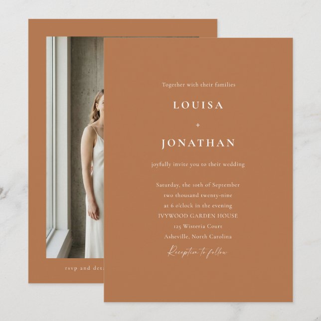 Elegant Terracotta Trendy Script Photo Wedding Invitation (Front/Back)