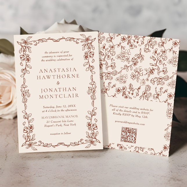 Elegant Terracotta Vintage QR Code Wedding Invitation (Creator Uploaded)