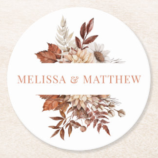 Elegant Terracotta Watercolor Floral Wedding Round Paper Coaster