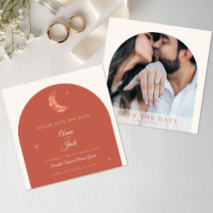 Elegant Terracotta Watercolor Moon and Stars Photo Save The Date