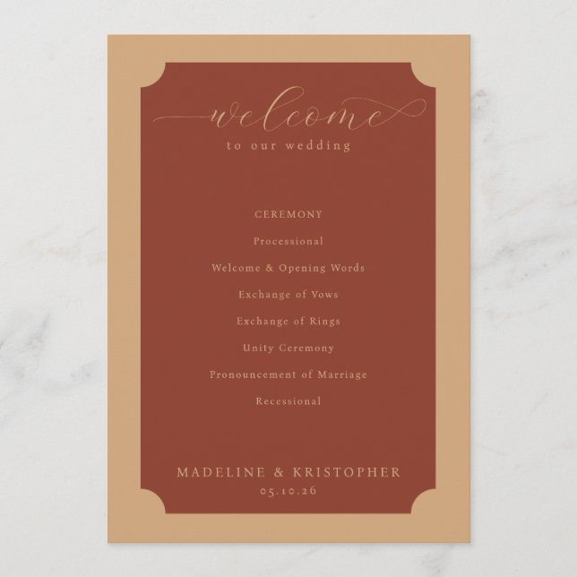 Elegant Terracotta Wedding Ceremony Schedule Programme (Front)
