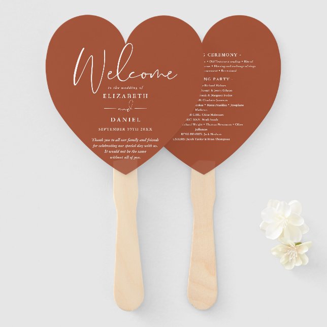Elegant Terracotta Wedding Program Heart Hand Fan (Front and Back)