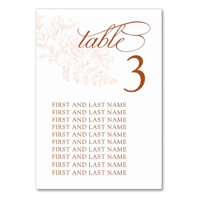 Elegant Terracotta Wedding Table Number Card (Front)