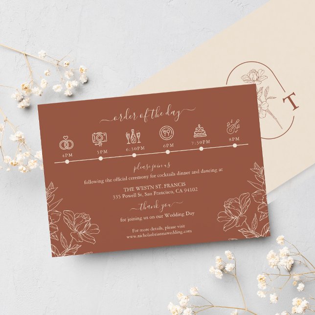 Elegant Terracotta Whimsical Wedding Timeline Enclosure Card (Creator Uploaded)
