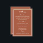 Elegant Terracotta White Script Wedding Menu<br><div class="desc">An elegant way to show your guests their menu options. In terracotta orange with white writing. An elegant script wedding font has been combined with a modern style all caps font creating a stylish,  yet user friendly wedding menu.

Ample space has been allocated for your menu options.</div>