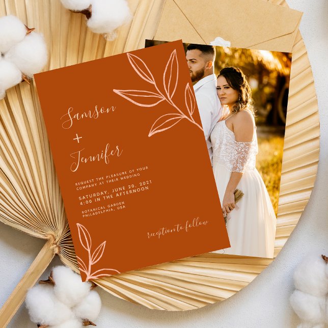 Elegant Terracotta with Leaves Boho Wedding Photo Invitation (Creator Uploaded)