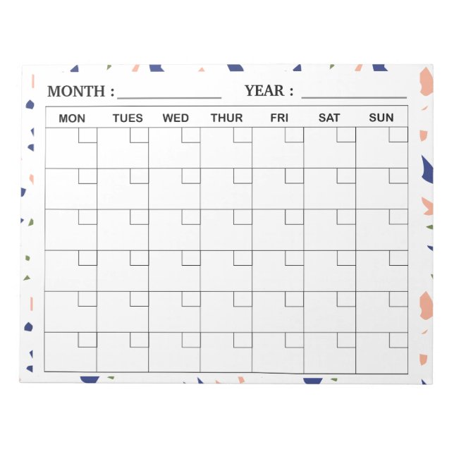 Elegant  Terrazzo  Monthly Calendar Planner  Notepad (Front)