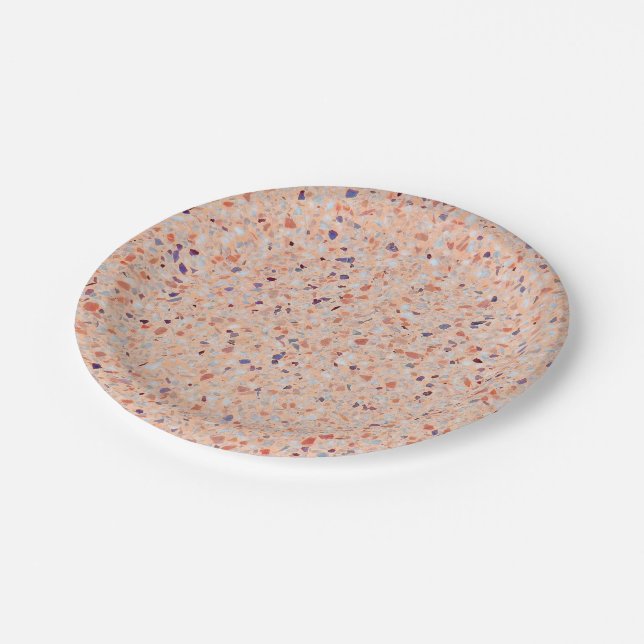 Elegant Terrazzo Retro Pink Purple White Pattern Paper Plate (Angled)
