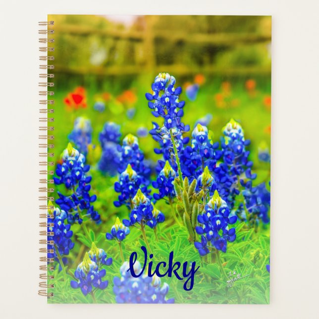 Elegant Texas Bluebonnets Blue Floral Modern Planner (Front)
