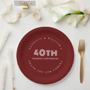 Elegant Text Burgundy 40th Wedding Anniversary  Paper Plate