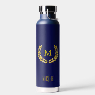 Elegant Text, Monogram and Gold Laurel Wreath  Water Bottle