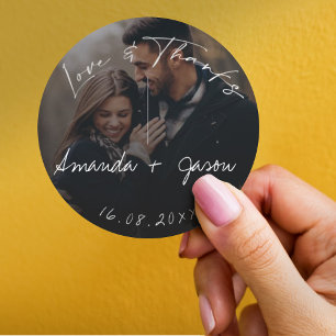 Elegant Text Overlay Photo Wedding Love & Thanks Classic Round Sticker