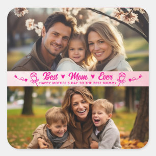 Elegant Text Photo Mother's Day Watercolor Pink Square Sticker