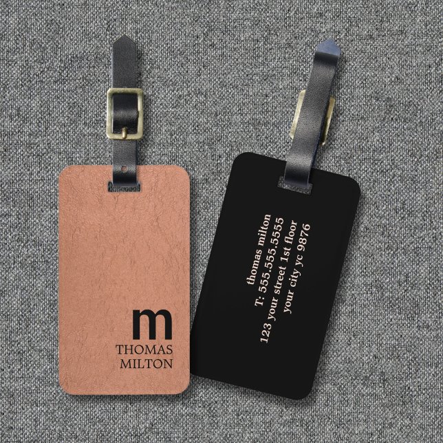 Elegant Texture Brown Black Bold Monogram Luggage Tag (Creator Uploaded)