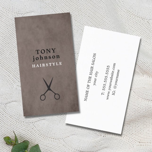 Elegant Texture Brown Black Scissors Hair Stylist Business Card (Creator Uploaded)