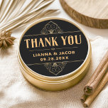 Elegant Thank You Art Deco Wedding Classic Round Sticker<br><div class="desc">Thank your guests in style with this Elegant Thank You Art Deco Wedding Classic Round Sticker. Featuring a luxurious black and gold design with bold geometric accents, it captures the opulence of the 1920s Great Gatsby era while adding a modern Art Deco twist. Perfect for vintage-inspired weddings, this sticker adds...</div>