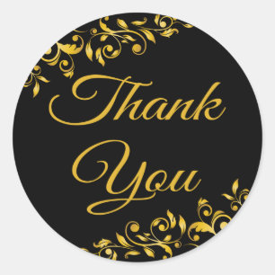 Elegant Thank You Black And Gold Floral Wedding Classic Round Sticker