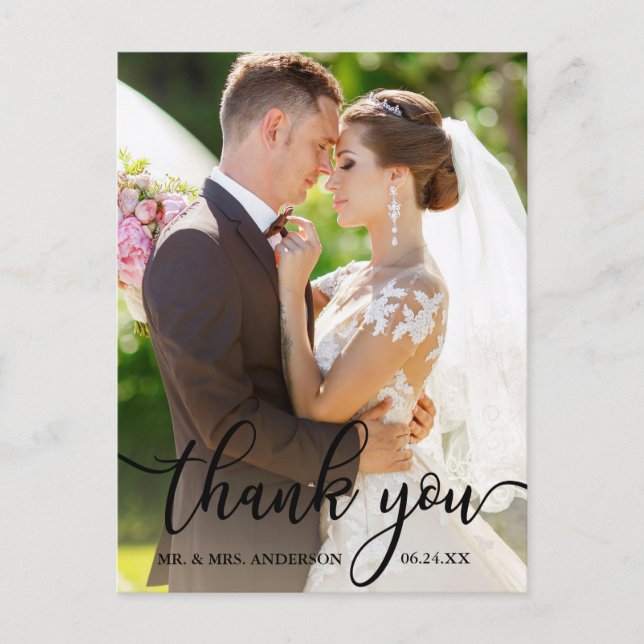 Elegant Thank You Black Script Wedding Photo Postcard (Front)