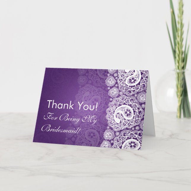 Elegant Thank You Bridesmaid Paisley Lace Purple Card (Front)
