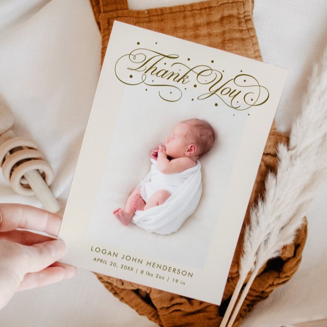 Elegant Thank You Calligraphy Beige Birth Announcement (Creator Uploaded)