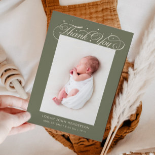 Elegant Thank You Calligraphy Sage Green Birth Announcement