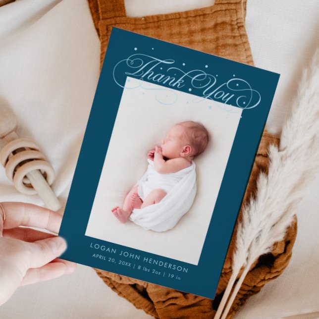 Elegant Thank You Calligraphy Teal Birth Announcement (Creator Uploaded)