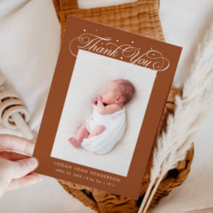 Elegant Thank You Calligraphy Terracotta Birth Announcement