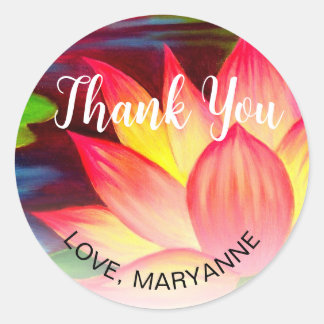 Elegant Thank You Floral Blush Pink Lotus Name Classic Round Sticker