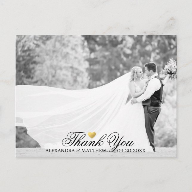 Elegant Thank You Gold Heart Wedding PHOTO Postcard (Front)