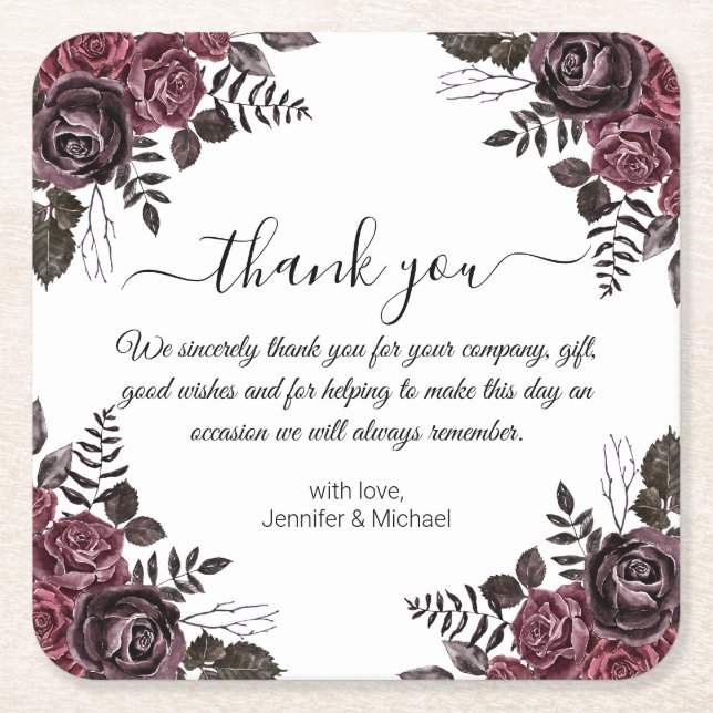 elegant thank you gothic flowers wedding  square paper coaster (Front)