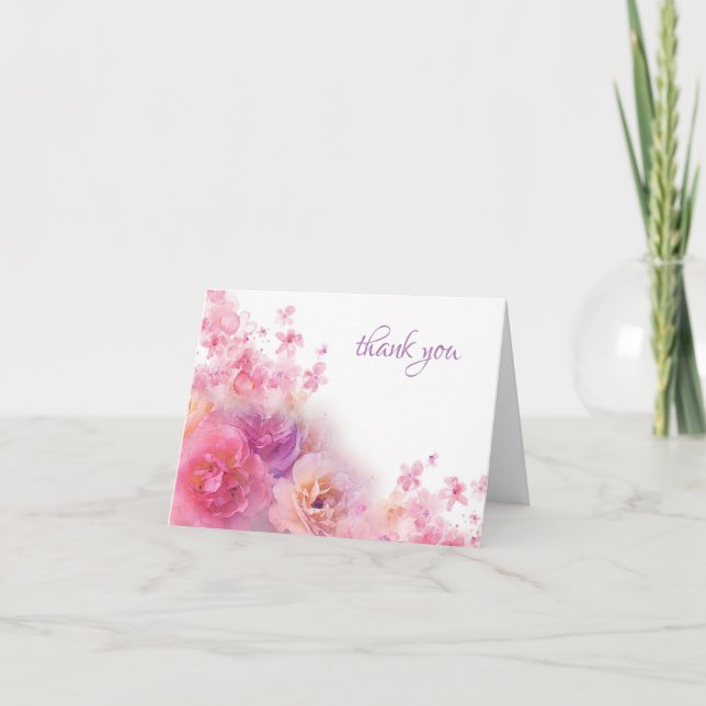 Elegant Thank You Hand Script Watercolor Flowers Card (Front)