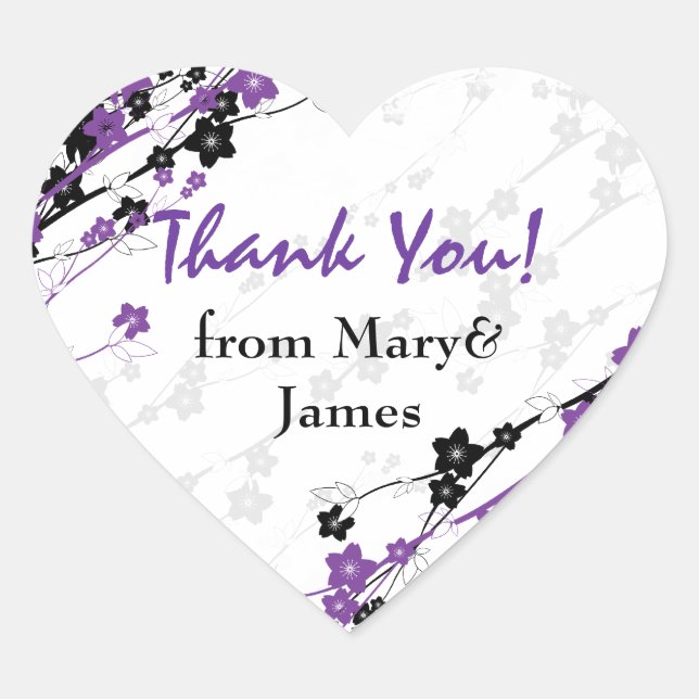 Elegant  Thank you  Japanese Flowers Purple Heart Sticker (Front)