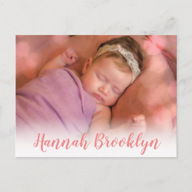 Elegant Thank You Pink Calligraphy Photo Birth Announcement Postcard (Front)