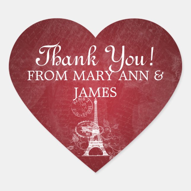 Elegant  Thank you Romantic Paris Red Heart Sticker (Front)