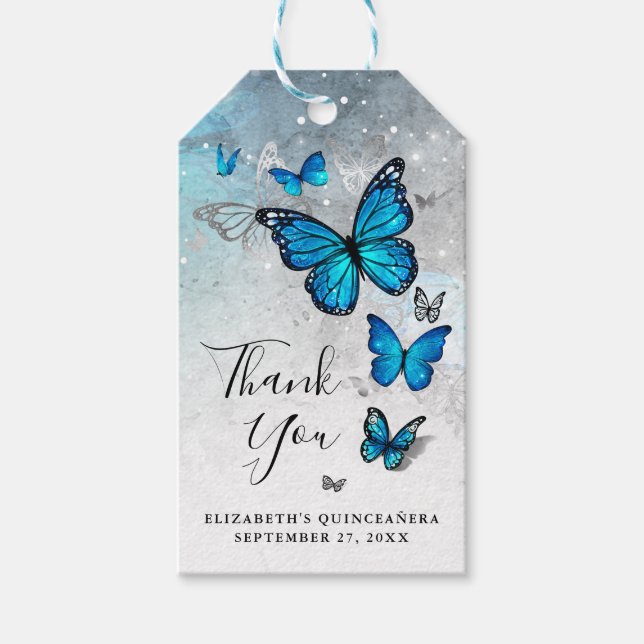 Elegant Thank You Silver and Blue Butterfly Gift Tags (Front)