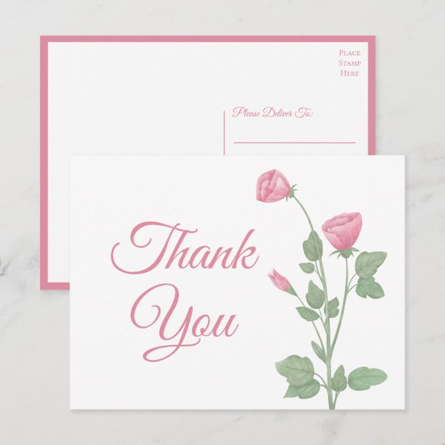 Elegant Thank You Watercolor Spring Pink Floral  Postcard (Front/Back)