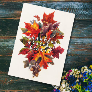 Elegant Thankful Grateful Blessed Autumn Leaves Holiday Card