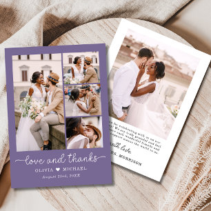 Elegant Thanks Purple Five Photo Collage Wedding Thank You Card